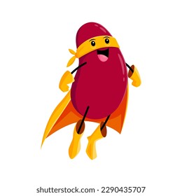 Cartoon kidney bean super hero character wear yellow cape and mask, ready to fight for justice, healthy eating and nutritious meals with his powerful strength. Red legume or haricot superhero flying