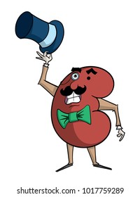 Cartoon kidney with monocle and top hat