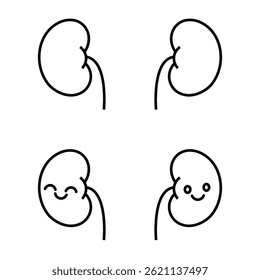 cartoon kidneys with normal kidneys with cute smiling face. customizable stroke, vector, illustration