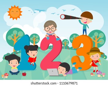 Cartoon kids with 123 numbers, children with Numbers, School kids with 123 numbers.Vector Illustration