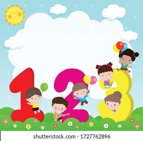 Cartoon kids with 123 numbers, children with Numbers, background Vector Illustration