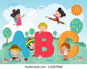 cartoon kids with ABC letters, School kids with ABC, children with ABC letters,Vector Illustration
