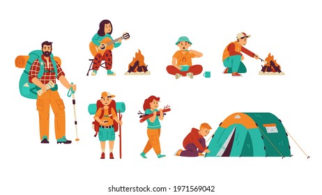 Cartoon kids and adult characters in summer camp for children. Adventure hiking and camping activity for boys and girls at nature during vacation or weekend. Vector illustrations