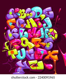 Cartoon kids alphabet in graffiti colorful splash paint style 