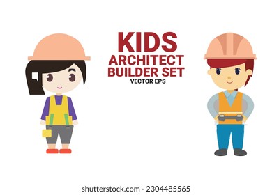 Cartoon kids architect builder uniform set. cute character vector eps isolated on white. bold text