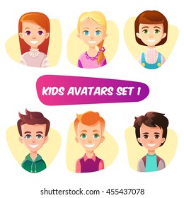 Cartoon kids avatars set. Three girls - blonde, redhead and brunette. Two brown hair boys and one ginger. Children about ten years old.