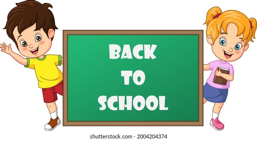 Cartoon kids back to school standing behind blackboard