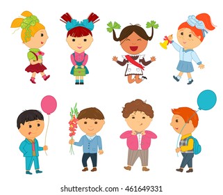 Cartoon kids back to school. Vector illustration for first september. Education pupil concept. Set of bright flat boy girl child character. Cute student isolated on white background. Backpack, balloon