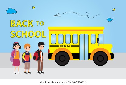 Cartoon kids with backpack going to school. Ride in School Bus. Back to School. Vector Illustration.