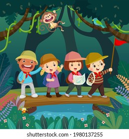 Cartoon of kids with backpacks walking on log bridge across the stream in the jungle. Kids summer camp concept.