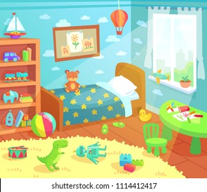 Cartoon kids bedroom interior. Home childrens room with kid bed, pencils drawings and child toys tirex robot designer duck bear in light from curtain window colorful apartment vector illustration