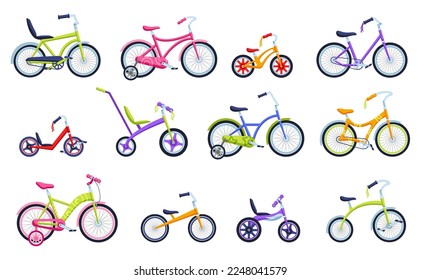 Caricatura de bicicletas para niños. Bicicletas infantiles para niños y niñas, bicicleta con ruedas de entrenamiento y juego de vectores de bicicleta de equilibrio. Equipo deportivo colorido para entretenimiento y recreación, viaje de ciudad