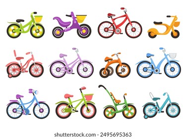 Cartoon kids bicycles. Colorful childish bikes. Babies two and three wheeled transport. Girly and boyish cute cycles. Tricycle shapes. Childhood transportation. Splendid