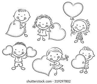 Cartoon kids with blank signs in the form of hearts, black and white outline