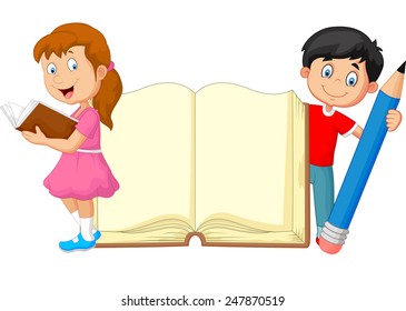 Cartoon kids with book and pencil