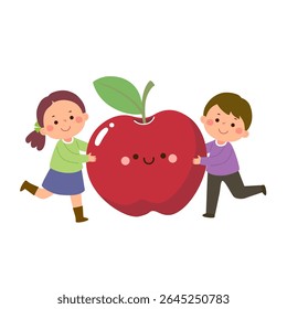 Garoto e menina de desenhos animados com maçã vermelha gigante bonito. Comida saudável para crianças