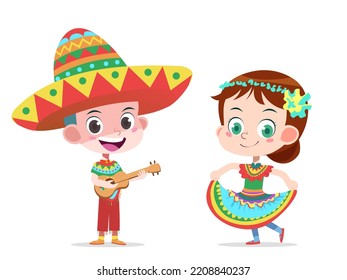 Niños y niñas de dibujos animados en equipo mexicano para celebrar el evento de cinco de mayo