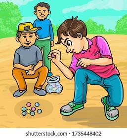 Cartoon Kids Boy Play Marbles