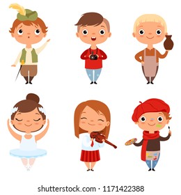 Cartoon kids boys and girls of different creative professions. Vector of photographer and potter, ballerina and musician illustration