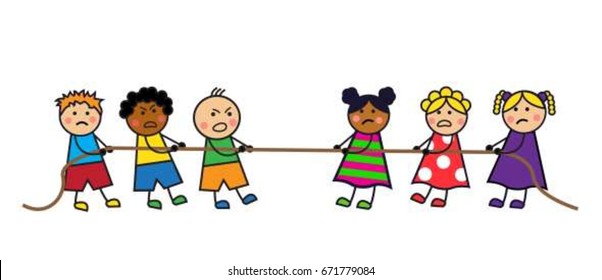 Cartoon kids boys and girls pull the rope
