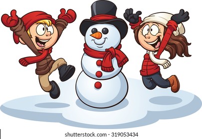 Cartoon kids building a snowman. Vector clip art illustration with simple gradients. Each element on a separate layer. 