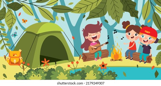 Niños De Caricatura Acampan En La Naturaleza