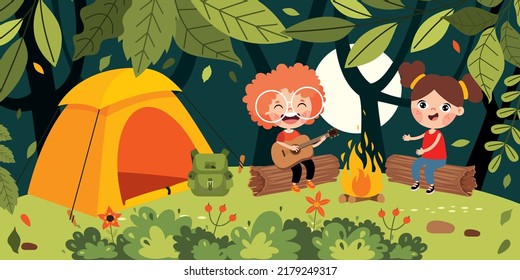 Niños De Caricatura Acampan En La Naturaleza