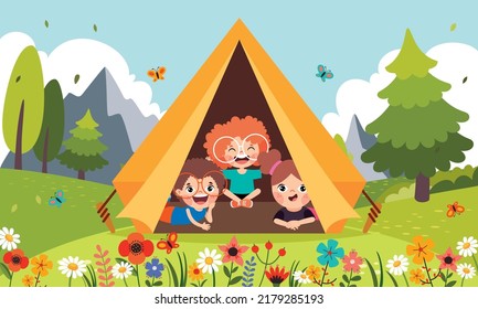 Cartoon Kids Camping At Nature