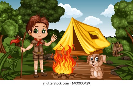 Cartoon Kids Camping in a Rainforest. Little Cute Scouts with Little Brown Dog, Backpacks and Tent next to the Campfire. Adventures, Park, Camping, Forest, Summer Camp