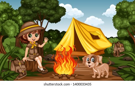 Cartoon Kids Camping in a Rainforest. Little Cute Scouts with Little Brown Dog, Backpacks and Tent next to the Campfire. Adventures, Park, Camping, Forest, Summer Camp