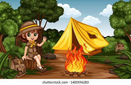 Cartoon Kids Camping in a Rainforest. Little Cute Scouts with Little Brown Dog, Backpacks and Tent next to the Campfire. Adventures, Park, Camping, Forest, Summer Camp