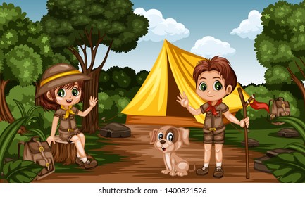 Cartoon Kids Camping in a Rainforest. Little Cute Scouts with Little Brown Dog, Backpacks and Tent next to the Campfire. Adventures, Park, Camping, Forest, Summer Camp