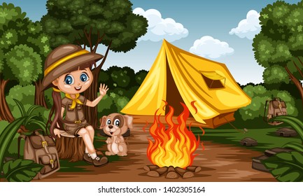 Cartoon Kids Camping in a Rainforest. Little Cute Scouts with Little Brown Dog, Backpacks and Tent next to the Campfire. Adventures, Park, Camping, Forest, Summer Camp