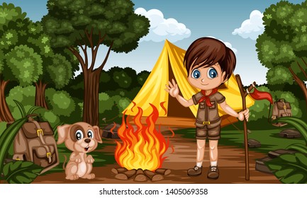 Cartoon Kids Camping in a Rainforest. Little Cute Scouts with Little Brown Dog, Backpacks and Tent next to the Campfire. Adventures, Park, Camping, Forest, Summer Camp