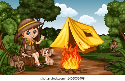 Cartoon Kids Camping in a Rainforest. Little Cute Scouts with Little Brown Dog, Backpacks and Tent next to the Campfire. Adventures, Park, Camping, Forest, Summer Camp