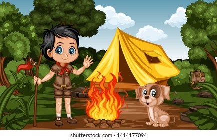 Cartoon Kids Camping in a Rainforest. Little Cute Scouts with Little Brown Dog, Backpacks and Tent next to the Campfire. Adventures, Park, Camping, Forest, Summer Camp