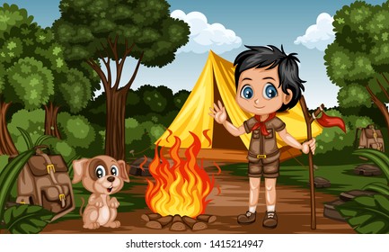 Cartoon Kids Camping in a Rainforest. Little Cute Scouts with Little Brown Dog, Backpacks and Tent next to the Campfire. Adventures, Park, Camping, Forest, Summer Camp