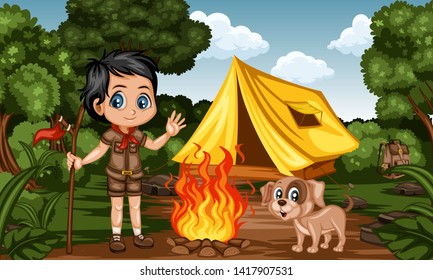 Cartoon Kids Camping in a Rainforest. Little Cute Scouts with Little Brown Dog, Backpacks and Tent next to the Campfire. Adventures, Park, Camping, Forest, Summer Camp