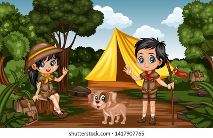 Cartoon Kids Camping in a Rainforest. Little Cute Scouts with Little Brown Dog, Backpacks and Tent next to the Campfire. Adventures, Park, Camping, Forest, Summer Camp