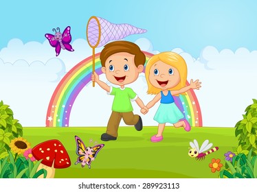 Cartoon kids catching butterfly in the jungle