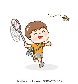 Cartoon  kids catching butterfly vector.