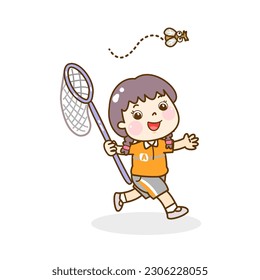 Cartoon  kids catching butterfly vector.