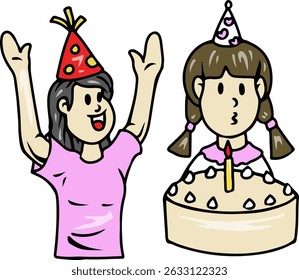 Cartoon kids celebrating birthday with cake and party hats