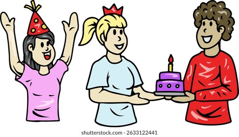 Cartoon kids celebrating birthday with cake and party hats