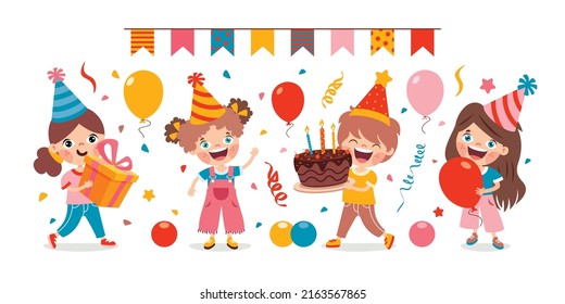 Cartoon Kids Celebrating Birthday Party