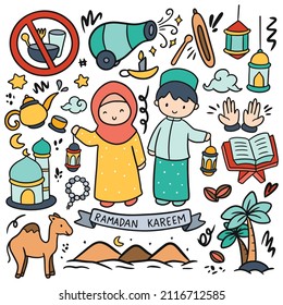 Cartoon Kids Celebrating Ramadan In Kawaii Doodle Style Vector Clip Art