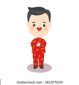 Cartoon kids character in Chinese tradition dress vector