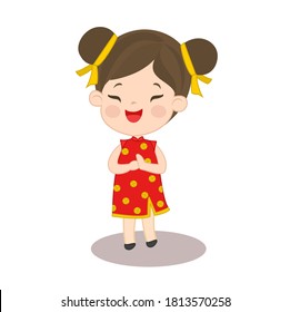 Cartoon Kids Character In Chinese Tradition Dress Vector