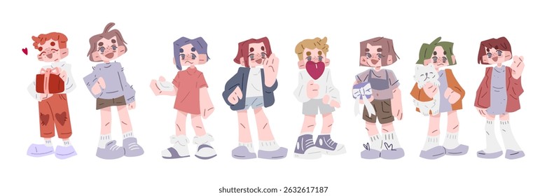 Cartoon Kids Character Illustration Set featuring diverse cartoon children in pastel outfits holding various objects like gifts, hearts, and a cat, drawn in flat style on a white background.
