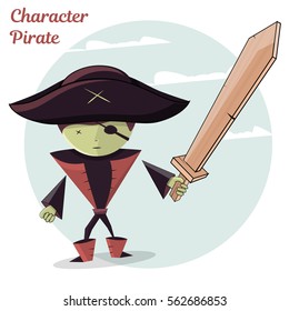 Cartoon kids character pirate with a wooden sword. Vector illustration, isolated on white background.